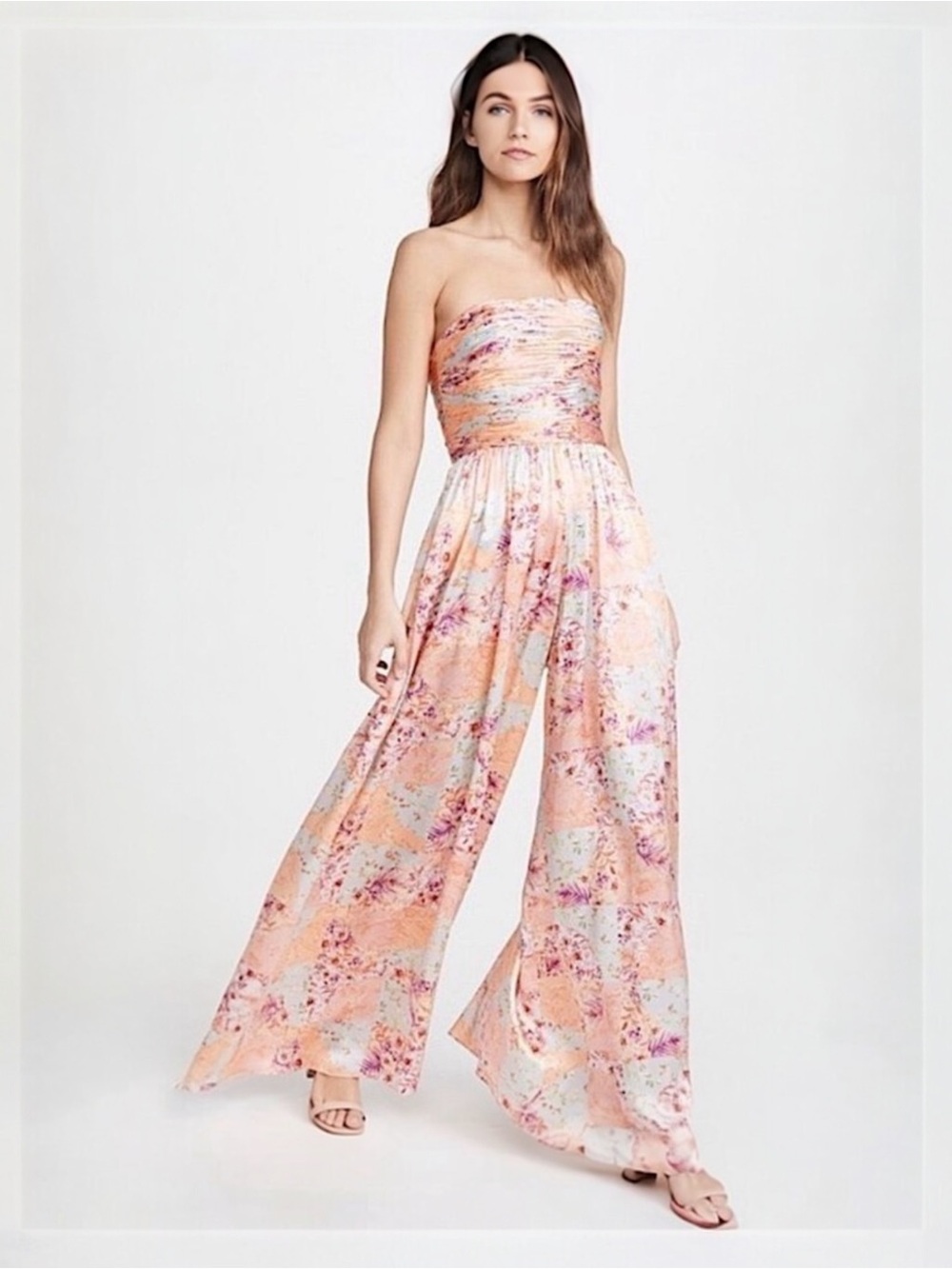 AMUR  Strapless Floral Maxi Dress Size 4 Peach Blue Smocked Bodice Wide Leg Flow